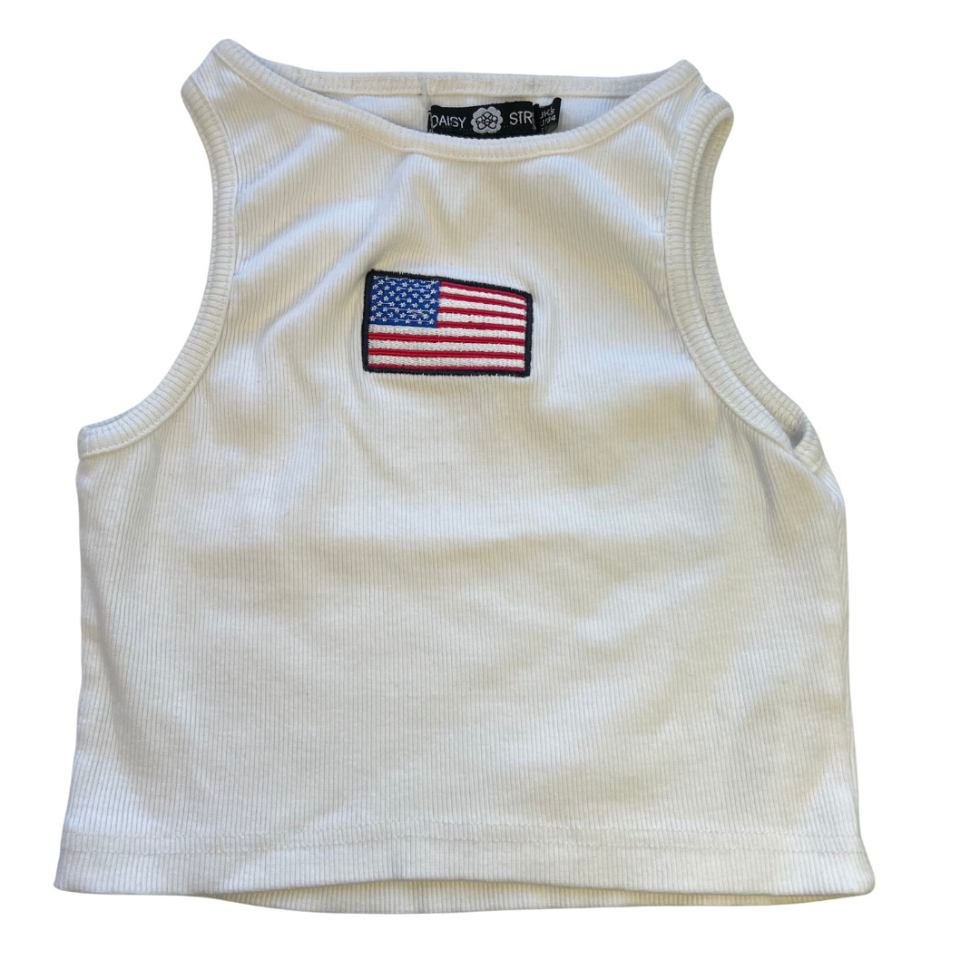 Daisy Street Women’s Juniors Ribbed White Crop Tank Top USA Flag Patch Size 2