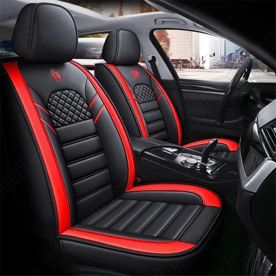 Black & Red PU Leather Car 5-Seats Seat Covers Protector Cushion For All Seasons - Imagem 4 de 4