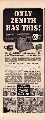 1940 Zenith Portable Radio Print Ad Wavemagnet Technology Train Plane Car