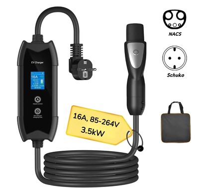 Portable NACS Charger, Model 3/X/S/Y Home EV Station, 16A 240V, Schuko Plug, 5m