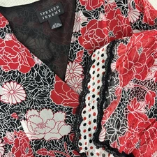 Spenser Jeremy 100% Silk Boho Black Red V Neck Flow Sleeve Blouse Top Womens L