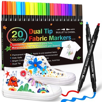 Dual Tip Fabric Markers Permanent for Clothes, 20 Colors Fabric Decorating Pa...