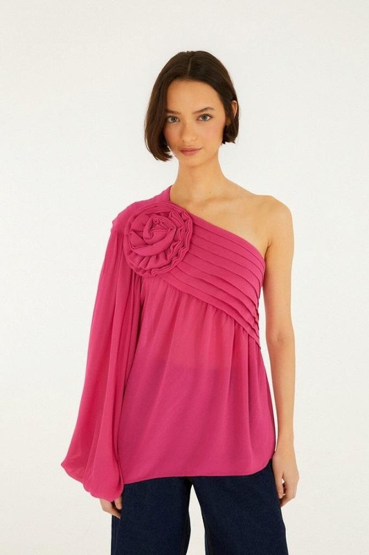 NW AUTH FARM RIO Pink 3d Rose One-Shoulder Blouse Top Shirt MEDIUM M FREE SHIP