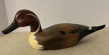 Vtg Hand Carved Painted Brown Wood Duck Decoy  Brown Glass Eyes 14.25"x4"W READ