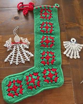 Bundle Of 3 Vintage Crochet Granny Square Stocking & 2 Lace Angel Ornaments.