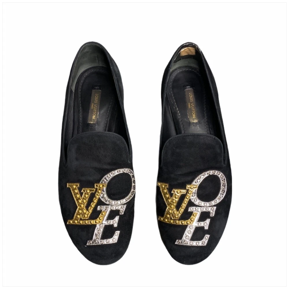 LOUIS VUITTON Black Suede with Gold Silver Love Letters Logo Women Loafers  SZ 39