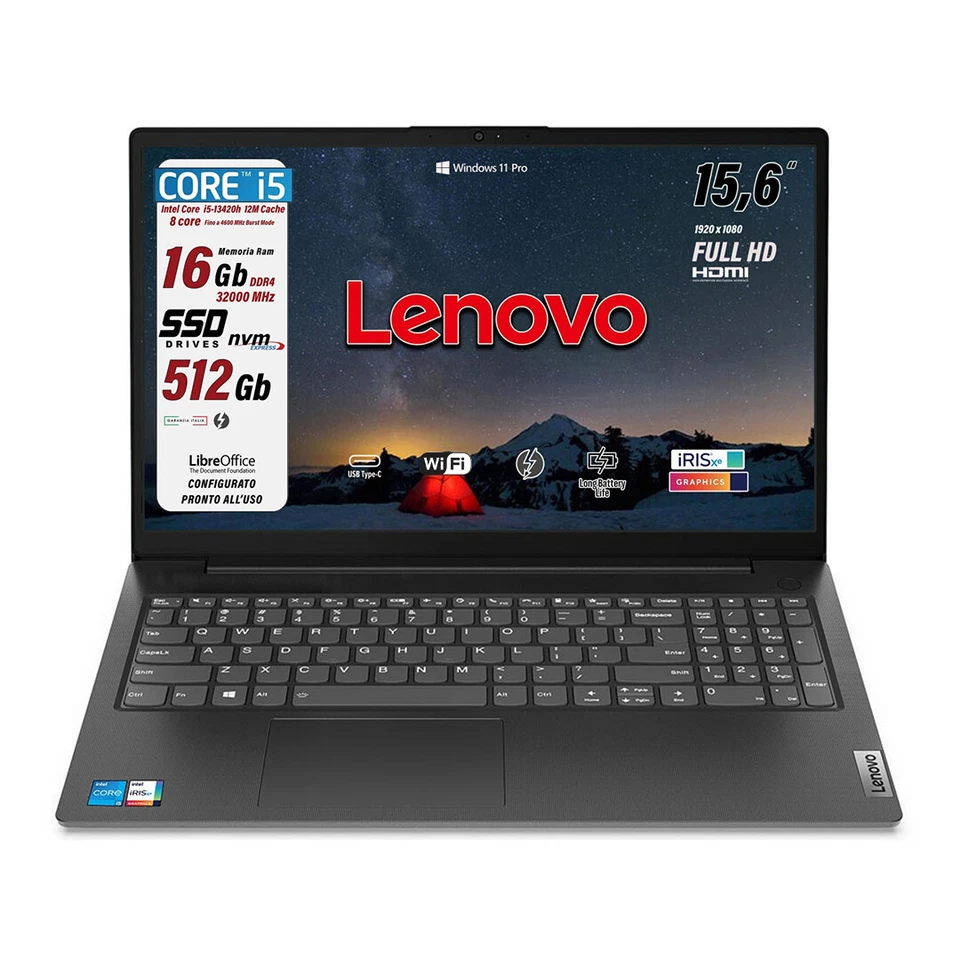 Notebook Lenovo Intel i5 13420H 8 Core RAM 16GB SSD 512GB FullHD 15,6 Win11Pro