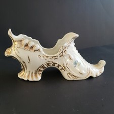 VICTORIAN CHINA LADIES SHOE WITH BLUE FLOWER GOLD GUILDING 6 INCHES LONG