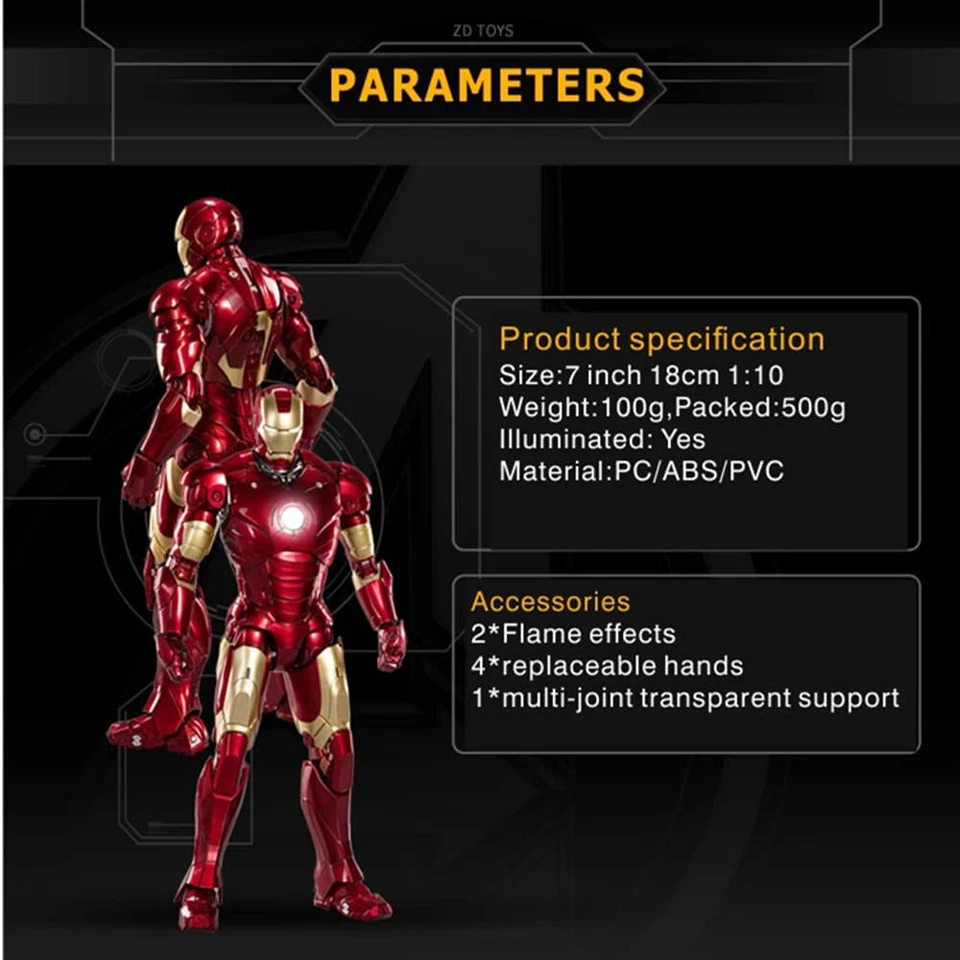 Marvel Avengers Iron Man Mark 3 MK3 Ironman Toy LED Light Action Figure Model - Image 4 of 4