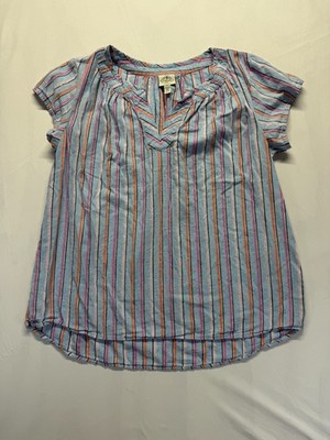 St. John's Bay Top Womens XL Multicolor Vertical Striped Split Neck Cap Sleeve