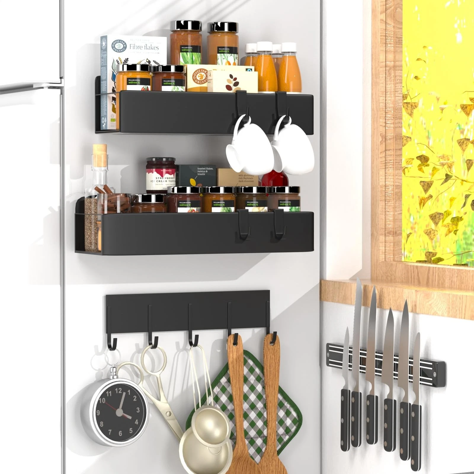 4 Pack Magnetic Spice Rack for Refrigerator,Metal Magnetic Shelf Black with H...