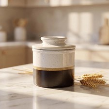 French Butter Crock Ceramic Keeper with Water Seal Two Tone Brown White