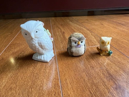 Lot Of Three Owl Figurines Small Medium Mini Plastic Bark Wood Porcelain Vintage