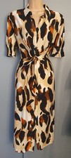 BNWOT Love Sunshine Size 12 Beige Brown Black Short Sleeve Tie Front Midi Dress