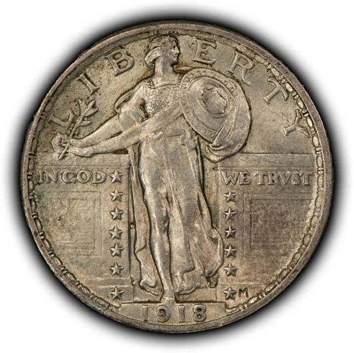 1918 25c Standing Liberty Silver Quarter - PQ Strong Luster - Orig Toning- Y6386
