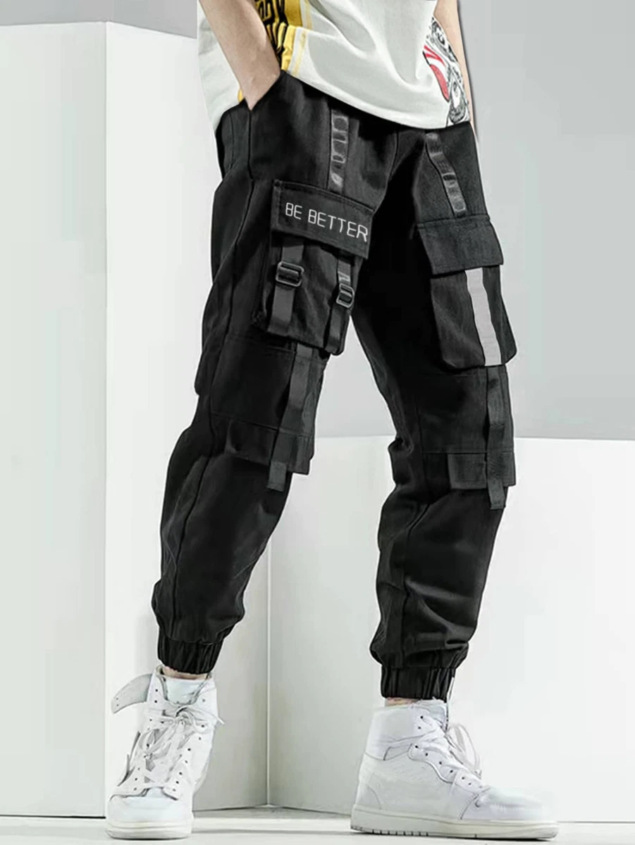 Men Slogan Graphic Buckle Detail Flap Pocket Drawstring Waist Cargo Pants