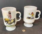 2 Vintage Norman Thelwell Pony & Rider Milk Glass B Handle Pedestal Mugs KNE