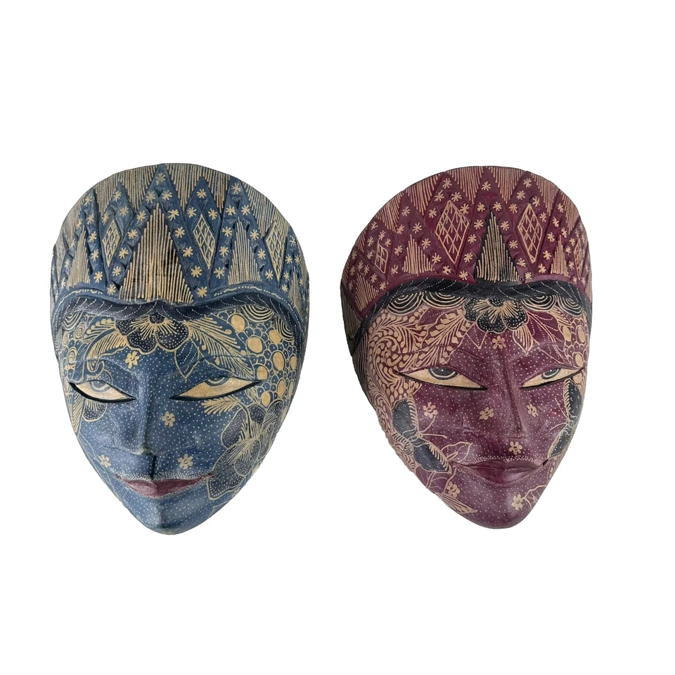 2 Piezas MASCARILLA BATIK Cara Madera Tallada a Mano Arte Java Decoración de Pared Adorno Firmado Foto 2 de 4