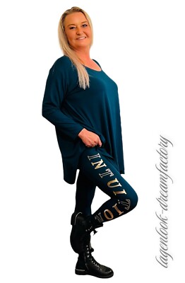 Lagenlook Leggings Petrol Jersey Gold Print 4 Sizes 38 40 42 44 46 48 50 52 54