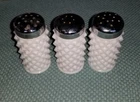 3 Vintage White Milk Glass Hobnail Salt Pepper Shakers Metal Lids