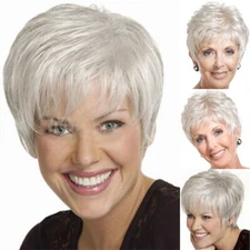 Women Natural White Wig Short Human Hair Pixie Cut Wig American Aunt Full Wig