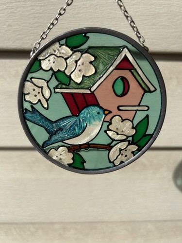 Joan Baker Bluebird Birdhouse Floral Spring Hand Painted Glass Suncatcher 3.5"