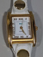 LA MER White Dial Gold Tone Rectangle Case White Wrap Leather Band Watch 22 Inch