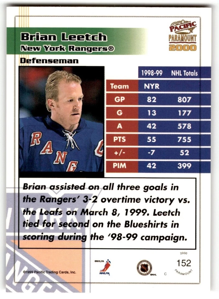 1999-00 Pacific Paramount Brian Leetch #152 New York Rangers - Image 2 of 2