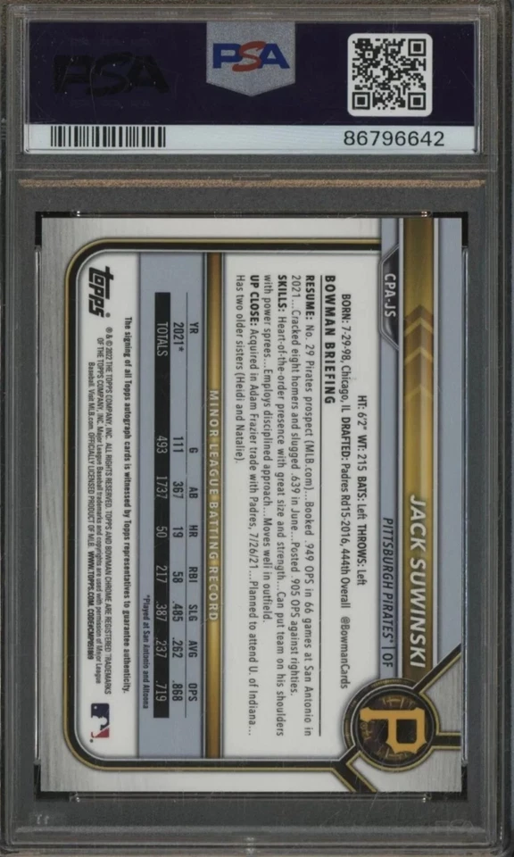 Jack Suwinski PSA 10 Auto 2022 Bowman Chrome RC Rookie Pittsburgh Pirates - Image 2 of 2