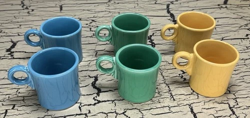6 VTG Fiestaware Coffee Mugs Cups Lot Ring Handle Blue Orange Green Ink Stamped