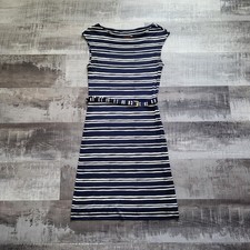 Tory Burch 100% Silk Dress Size Small Blue Stripe Sleeveless Belted Boat Neck