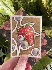 ACEO Art Card Original, strawberry and blueberries, 2.5x3.5