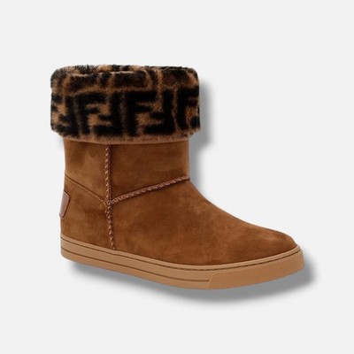 Fendi Kids Girls Brown Suede Shearling Logo Slip-on Boots Shoes Size 34