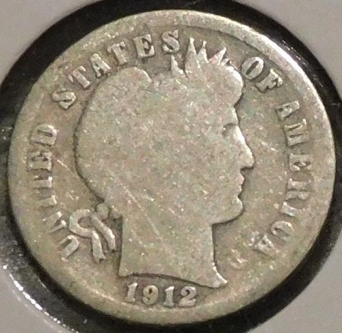 Silver Dime - Barber - 1912-S (Cleaned, hairline scratch)