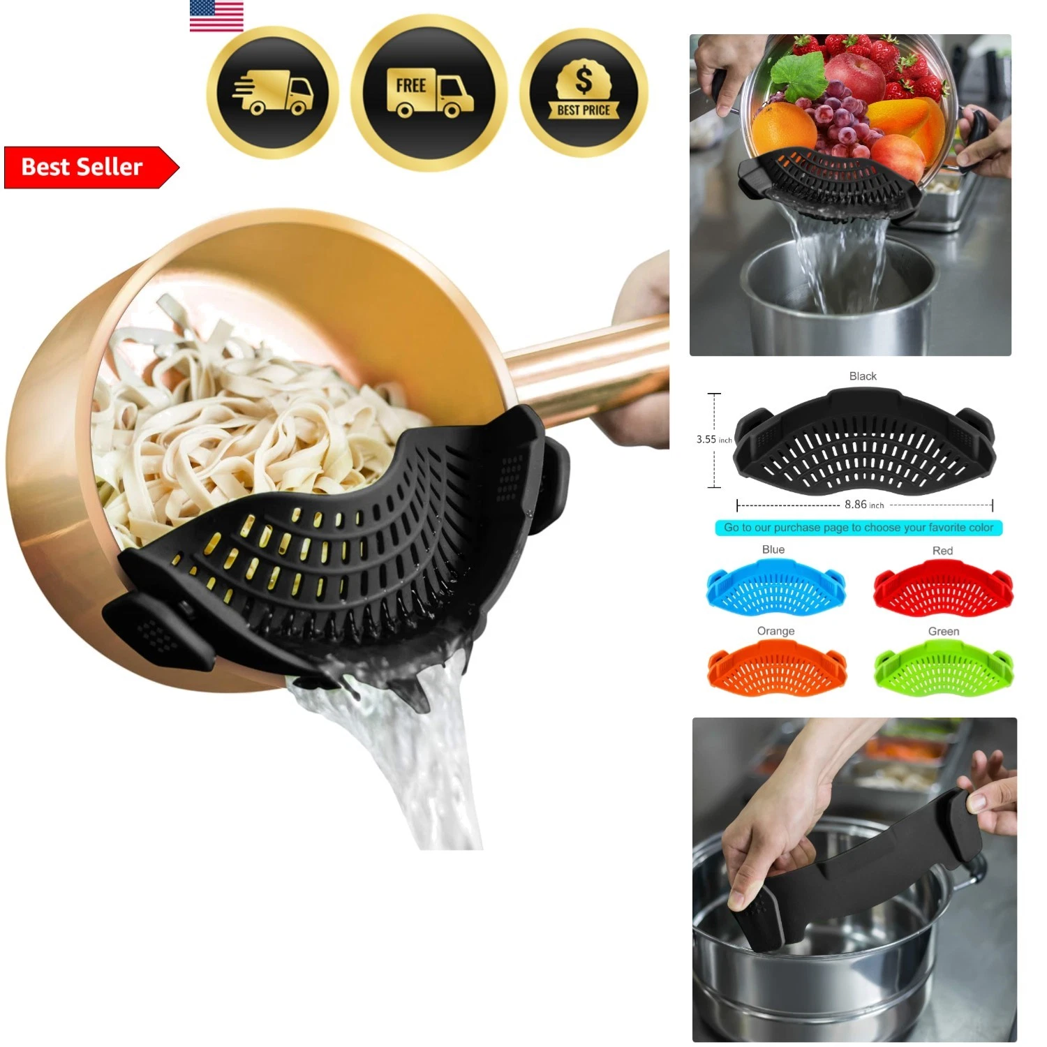 Silicone Clip On Strainer Drainer Food Colander for Pasta Vegetables Fruits
Opens in a new window or