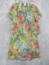 K Studio Jacket Dress Set 14 Floral Sheer Overlay Watercolor Sheer Button Lined