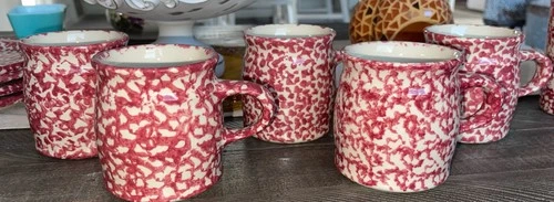 Set of 5 Roseville Red Spongeware The Workshop of Gerald E. Henn Coffee Mugs