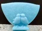 Vtg Fenton Aqua  Blue Glass Satin Love Birds Planter Vase