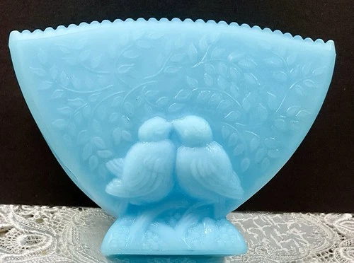 Vtg Fenton Aqua  Blue Glass Satin Love Birds Planter Vase
