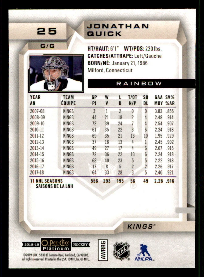 2018-19 O-Pee-Chee Platinum Rainbow #25 Jonathan Quick - Image 2 of 2