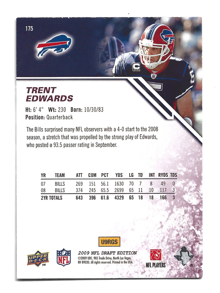 /75 History 2009 Upper Deck Draft Edition Trent Edwards #175 Buffalo Bills Card - Image 2 of 2