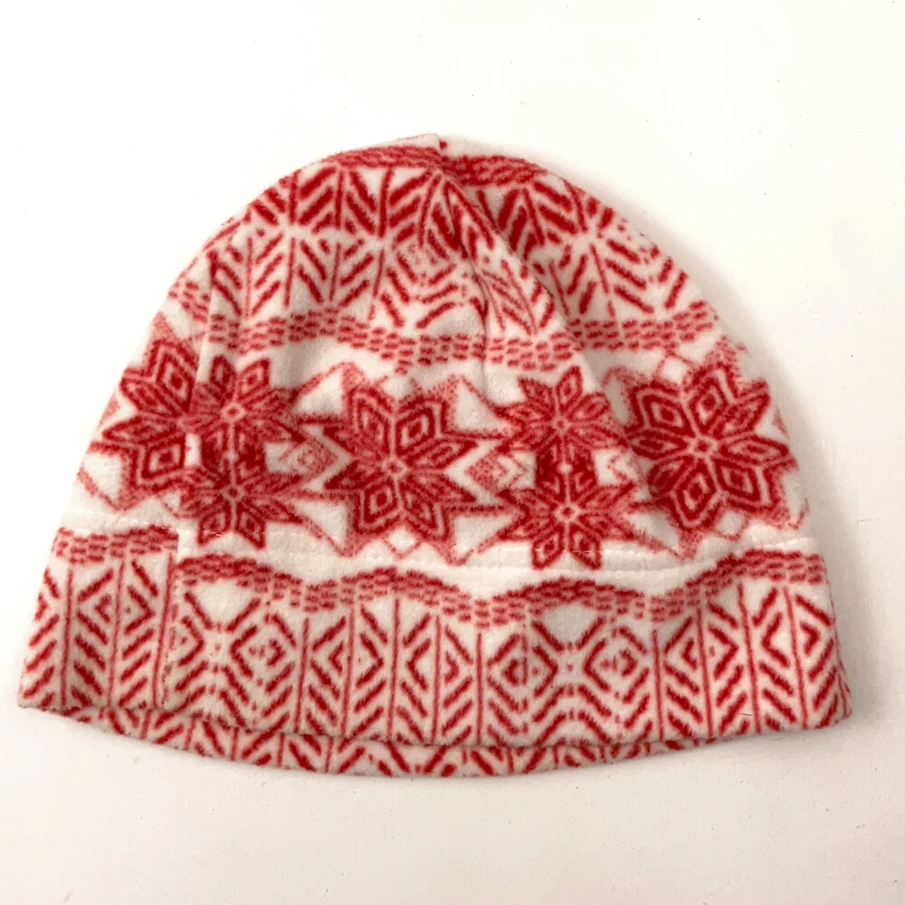 Lands' End White Red Snowflake Pattern Thin Fleece Winter Beanie Cap