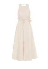 Zimmermann Pleated Picnic Dress | Ivory/Cream, Midi, Backless, Tie Belt, Flowers