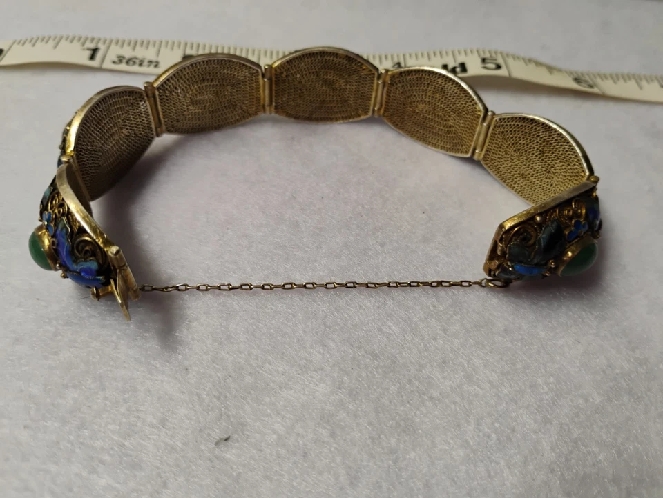 Antiguo Brazalete de Exportación China Jade Plata Filigrana Oro Dorado Esmalte Mariposa Foto 2 de 4
