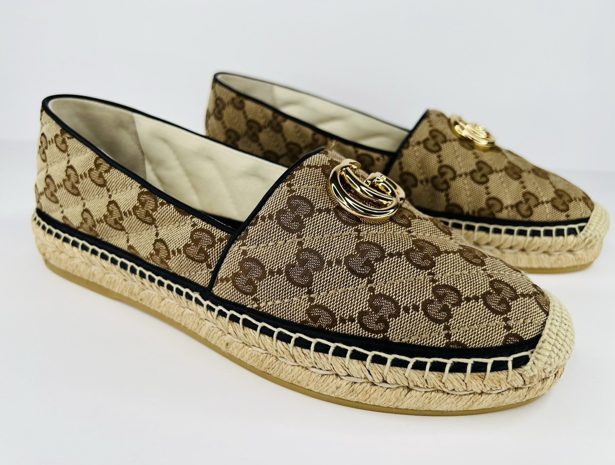 GUCCI Supreme Canvas Pilar Double G Raffia Monogram Espadrille