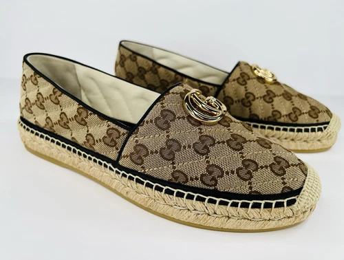 Sandales compensées GUCCI GG raphia monogramme cheville plateforme espadrille EU 40,5