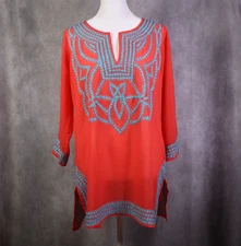 Gretchen Scott Top Women Small Pink Blue Embroidery Tunic 3/4 Sleeve Lightweight