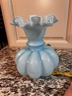 Vintage Fenton Blue Overlay Melon Vase 8” Tall Ruffled Top Mid-Century Art Glass