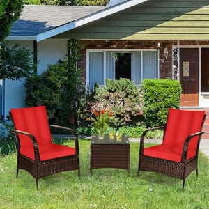 3PCS Patio Rattan Conversation Set Outdoor Furniture Set w/ Table Cushions