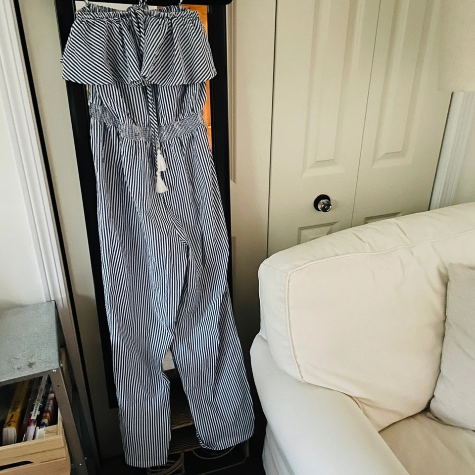 J. Mono CREW NUEVO CON ETIQUETAS Azul y Blanco Seersucker Sin Mangas Cintura Elástica Talla S Foto 3 de 4